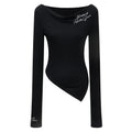 Swing collar long sleeved T-shirt with diagonal cut hem