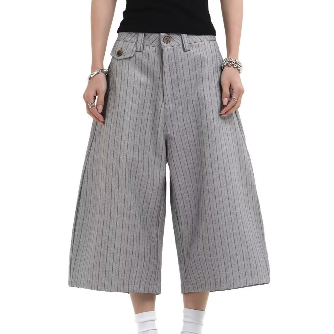 Gray Suit Shorts for Men, Retro Loose Casual Striped Seven-Quarter Pants