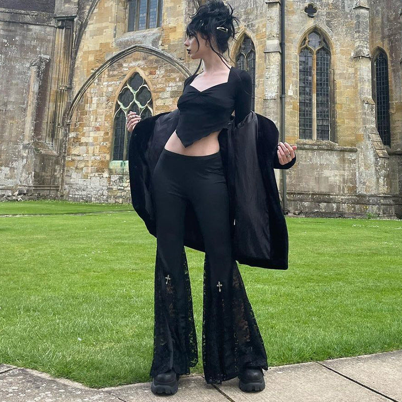 High Waist Lace Cut-Out Black Flared Long Pants Dark Punk Style Straight Leg Trousers
