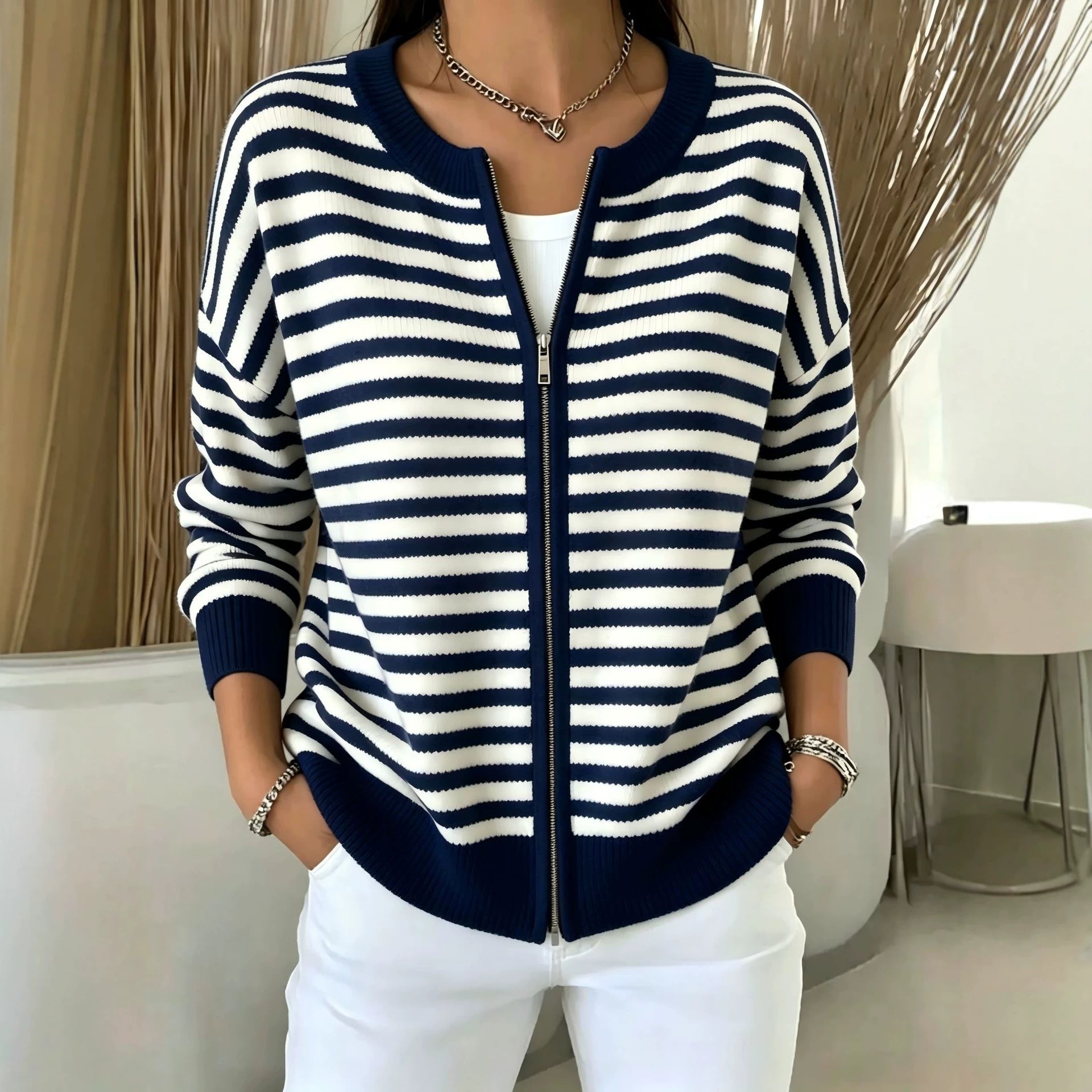 Striped zipper knitted cardigan for women