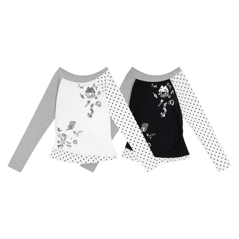 Cartoon kitten note splicing contrasting long sleeved T-shirt for women