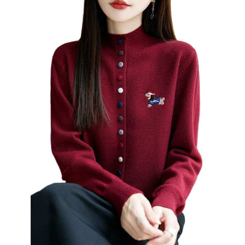 High Neck Colorful Button Loose Cardigan Sweater for Women Open Front Sweater