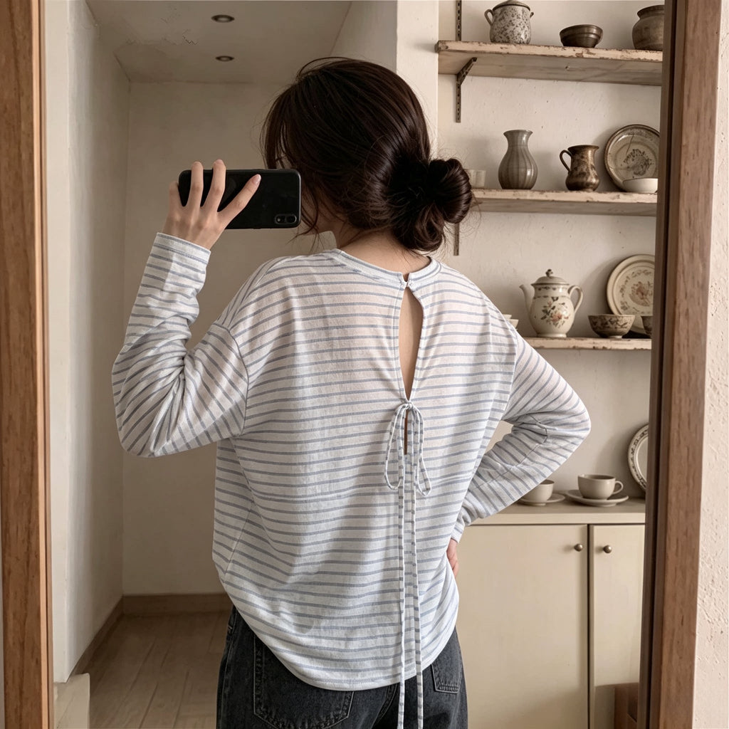 Women's Long Sleeve Striped T-Shirt Loose Fit Hollow Out Lace Up Lightweight Sun Protection Cover Up Top