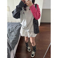 Contrast Stripe Embroidery Long Sleeve Women's Loose T-Shirt