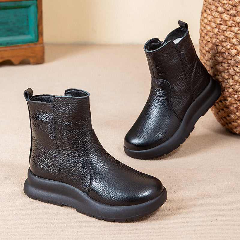 Real leather Martin boots for women side zipper flat slope and snow boots for women ﻿