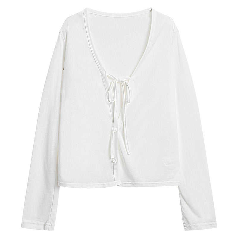 Black V-neck lace up long sleeved cardigan for women