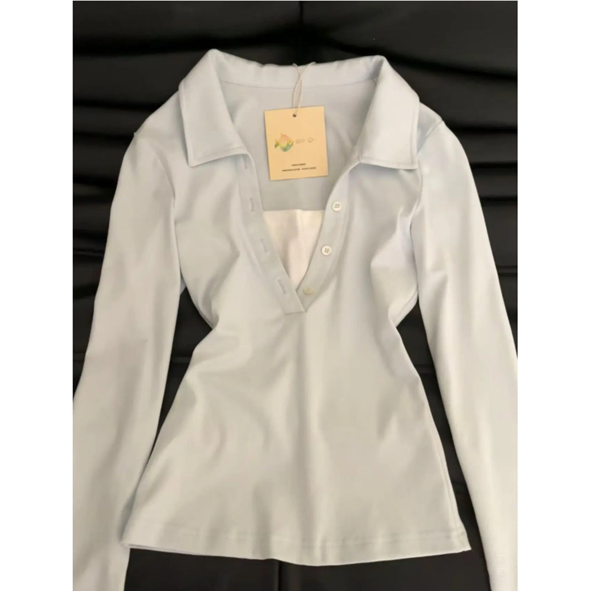 Sweet and Spicy Style Color Block Long Sleeve Deep V-Neck Polo Women's T-Shirt