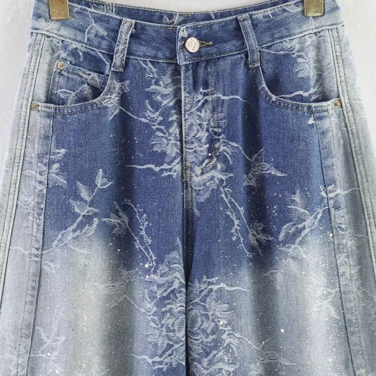 Casual non elastic jacquard shiny silver curved knife pants