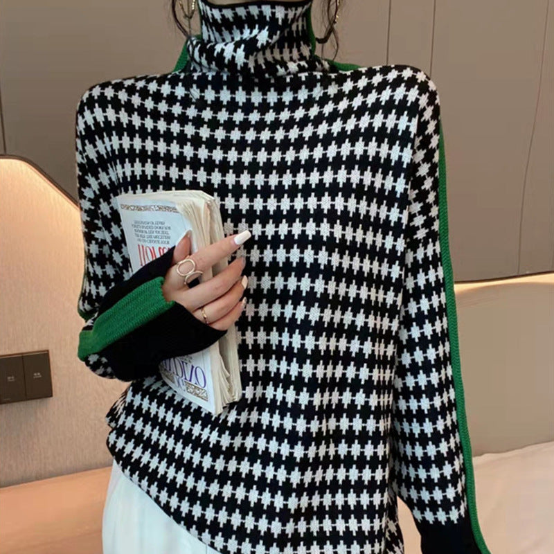 High neck patchwork striped lazy style sweater for women