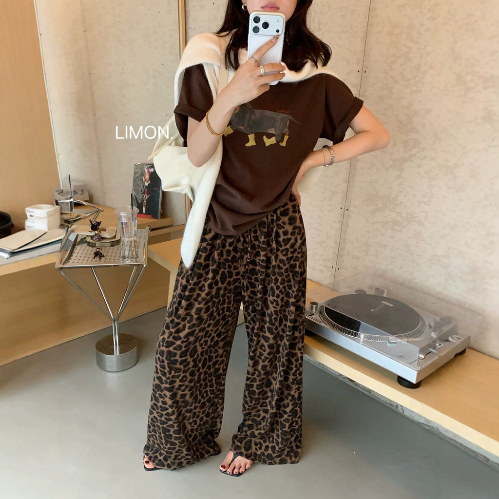 Retro Leopard Print Wide Leg Pants Women Early Autumn Straight Leg High-Drape Tencel Casual Loose Floor-Length Pants