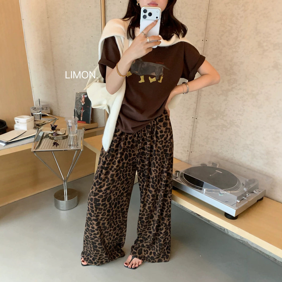 Retro Leopard Print Wide Leg Pants Women Early Autumn Straight Leg High-Drape Tencel Casual Loose Floor-Length Pants