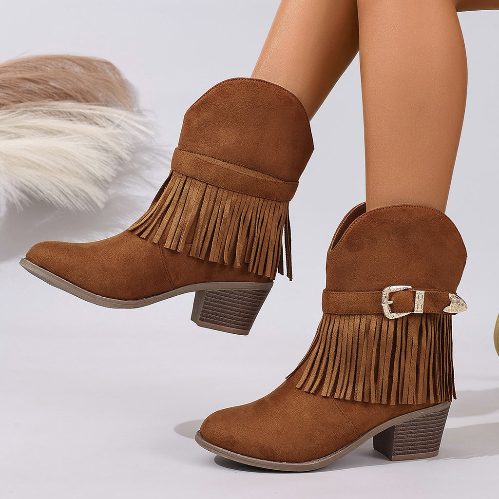 Western Style Fringe Ankle Boots for Women, Chunky Heel, Thick Sole, Belt Buckle, Leather Boots, Summer Fashion, Slip-On Design