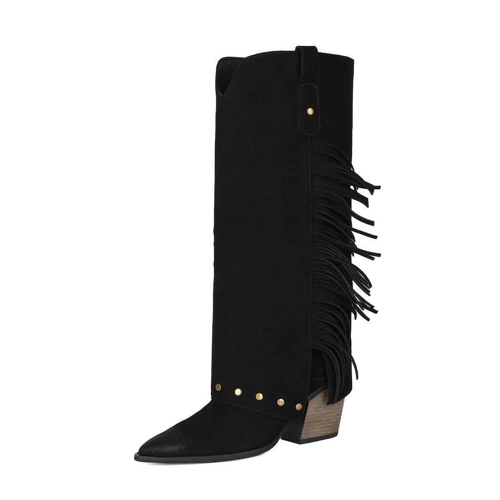 Fall Winter Western Boots for Women, Chunky High Heel, Pointed Toe, Tall Boot with Studs and Fringe Made to order, ships in 7 days