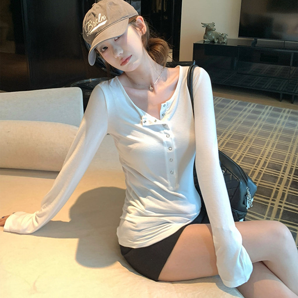 Long Sleeve Half-Open Collar T-Shirt Women Slim Fit Base Layer Top
