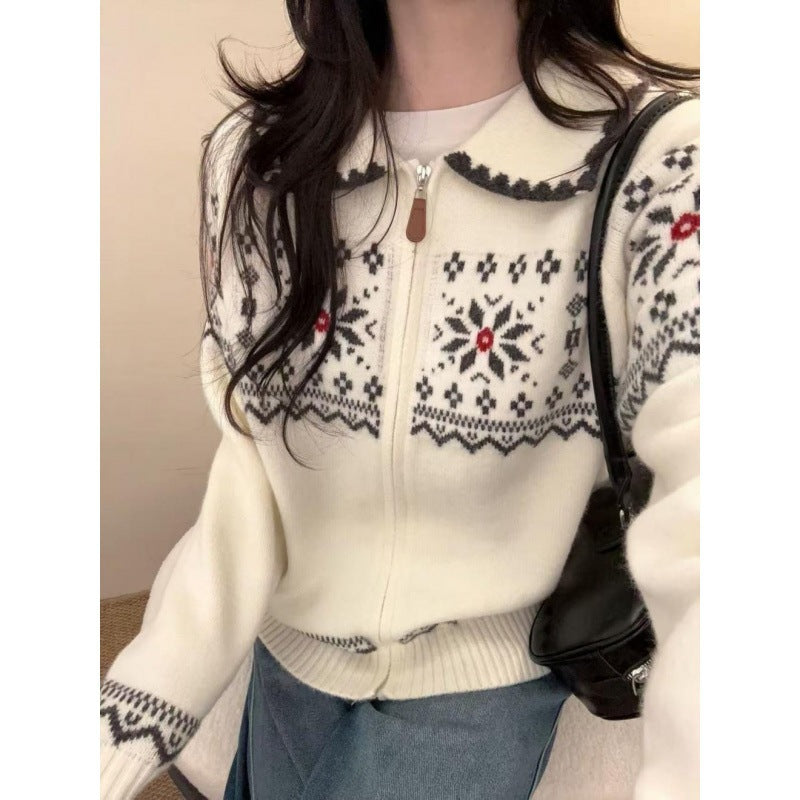 Polo collar zipper loose sweater jacket