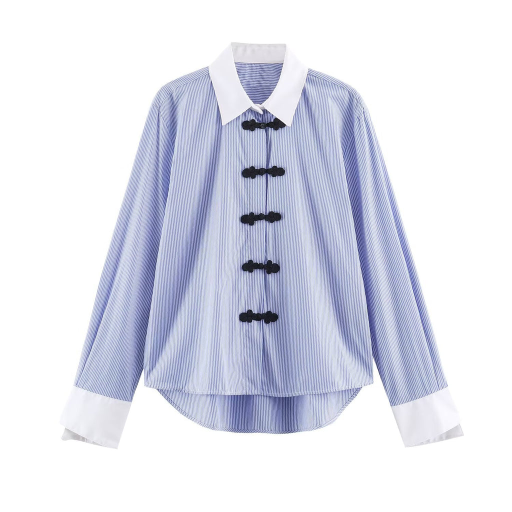 Color blocked lapel striped shirt for women