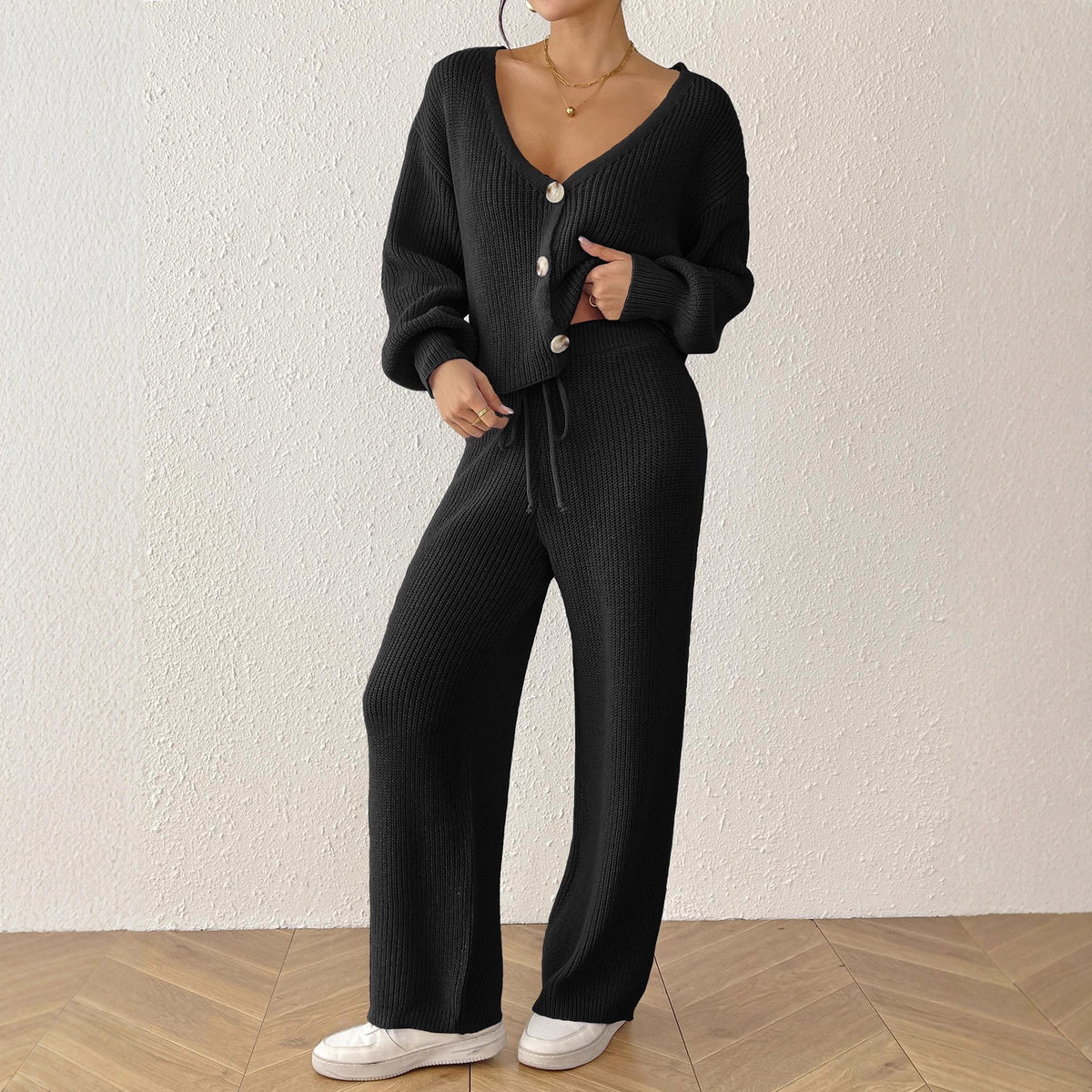 Women's Pure Color Elegant Two-Piece Set Short Top Loose Cardigan Straight Leg Drawstring Pants