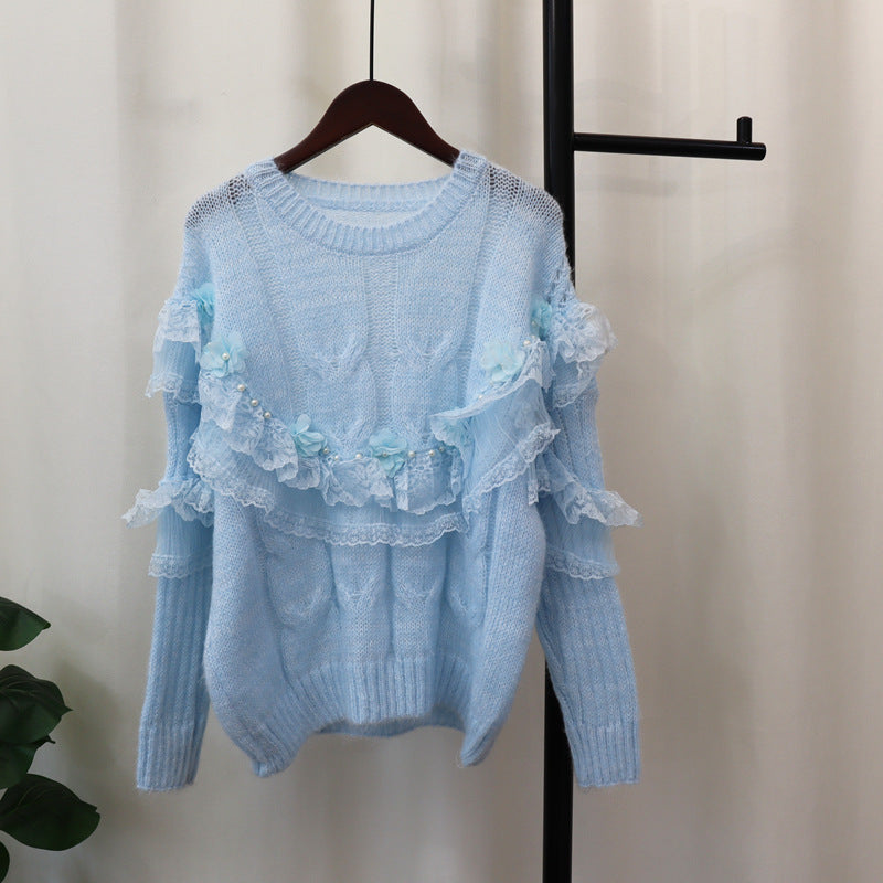 Splicing mesh flower sweater