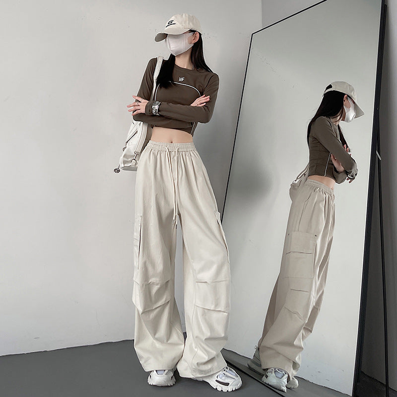 Black Cargo Pants for Women, Spring and Autumn New Outdoor Tactical Pants, Petite Size, Loose Straight Leg Sporty Wide Leg Pants