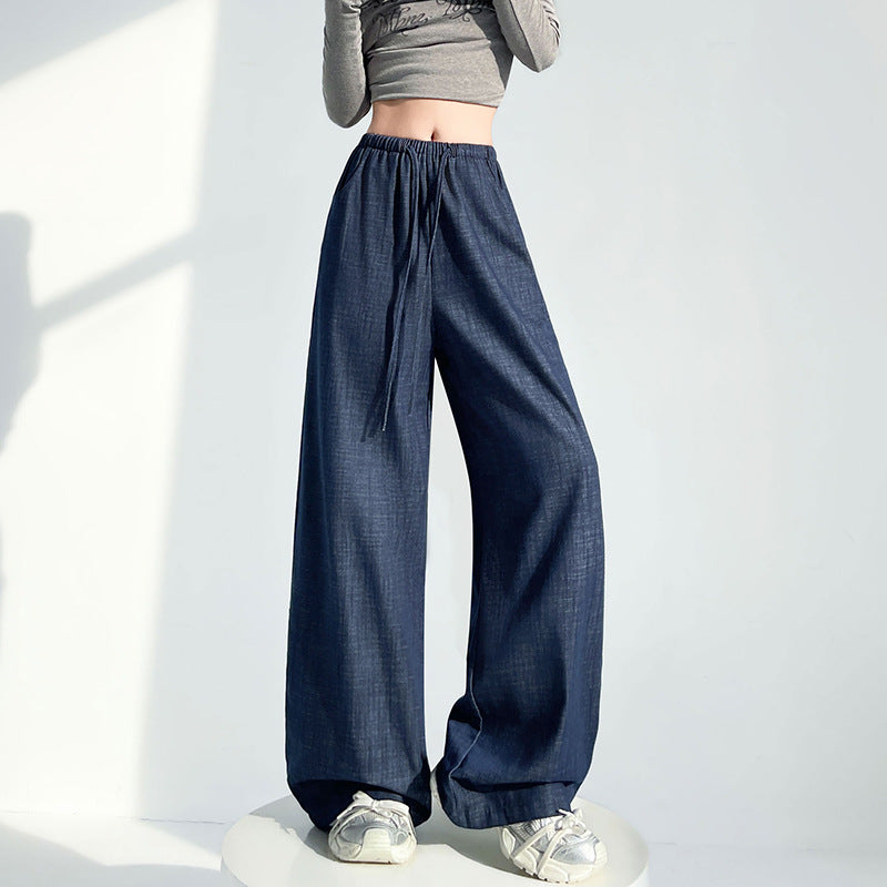 Jeans Wide Leg Pants Women Drawstring Elastic Waist Slimming Loose Floor-Length Relaxed Wide Leg Casual Pants
