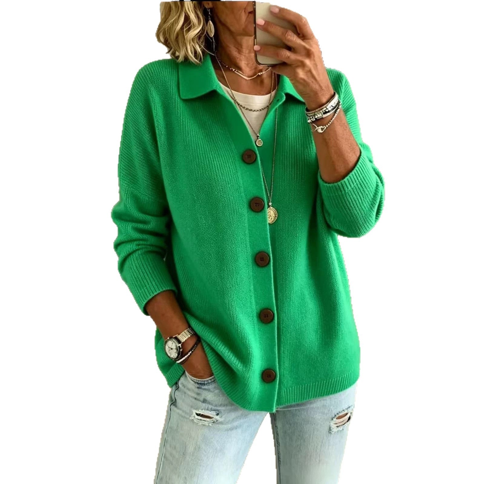 Button knit lapel sweater cardigan jacket