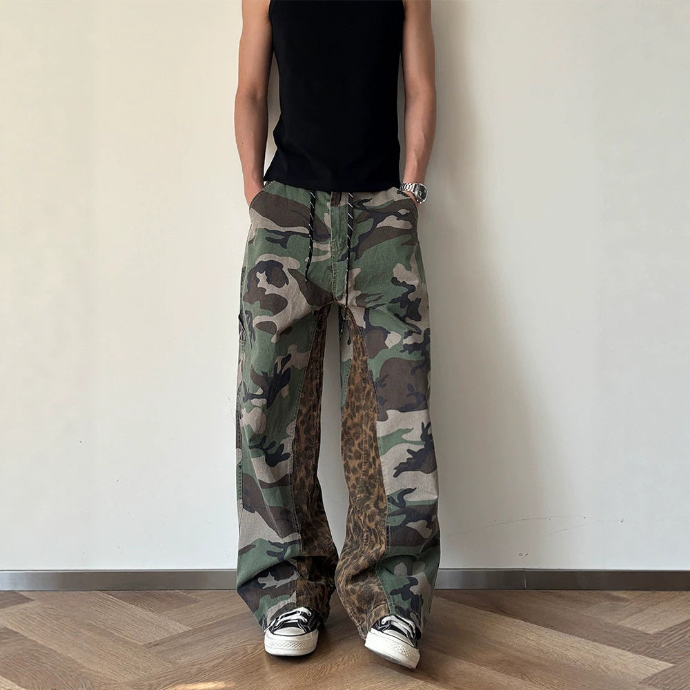 Men's Summer Leopard Print Patchwork Loose Casual Versatile Fashion Color-blocked Denim Pants