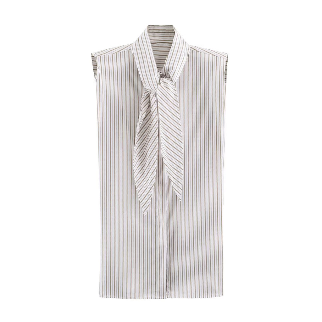Ribbon tie shoulder pad striped shirt for women
