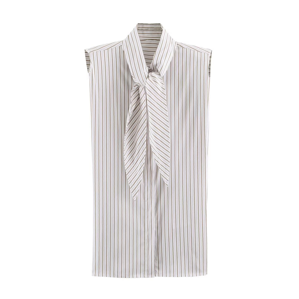 Ribbon tie shoulder pad striped shirt for women