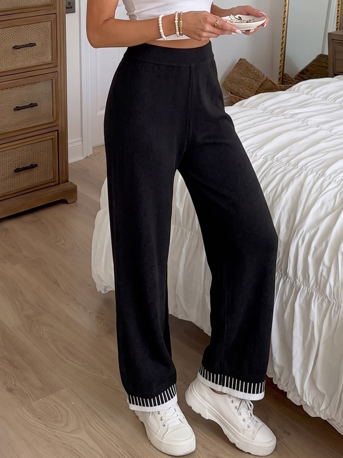 Women's Thickened Pants, CColor-block Spliced Casual Wide-leg Pants