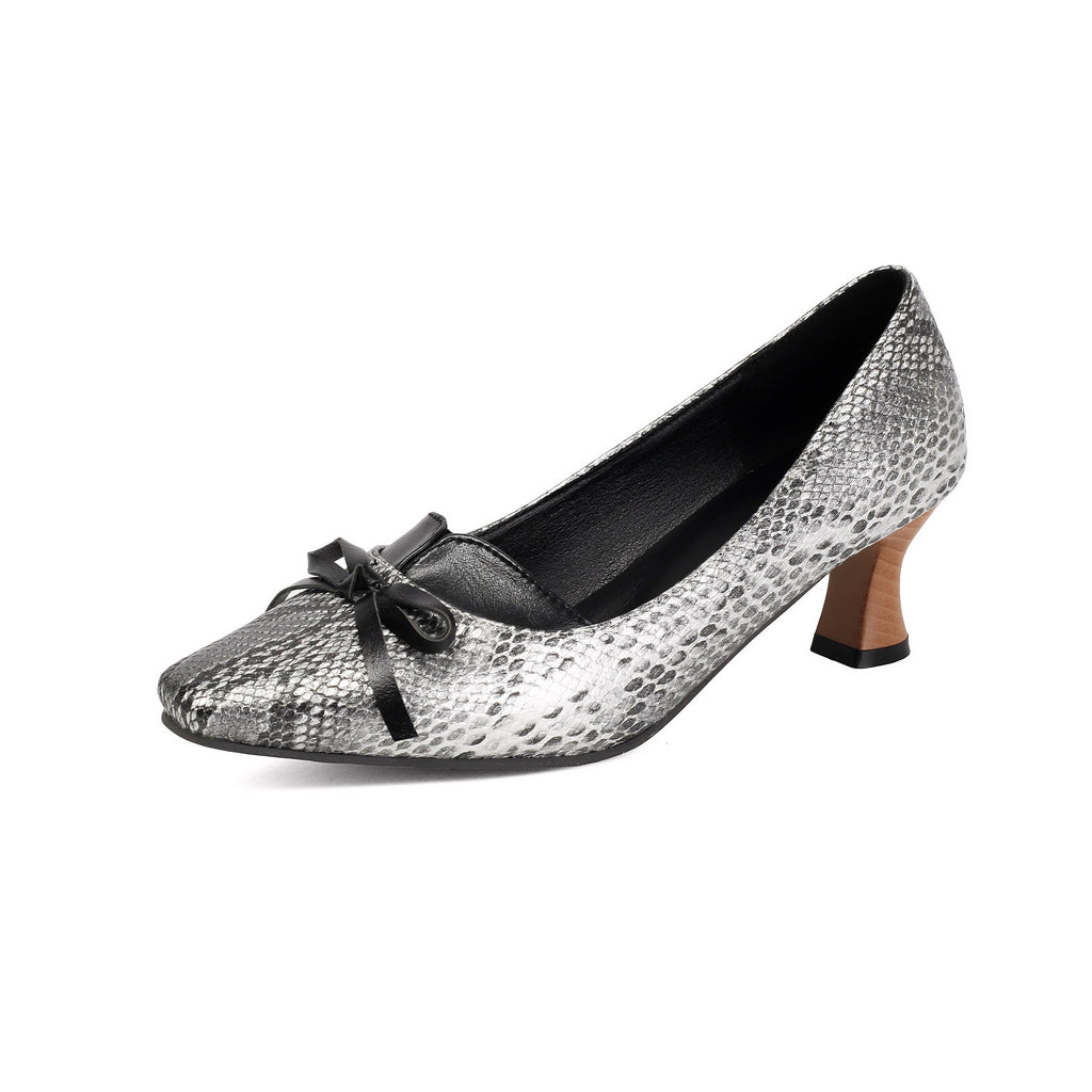 Leopard print square toe high-heeled women's retro shallow bow single shoes Made to order, ships in 7 days