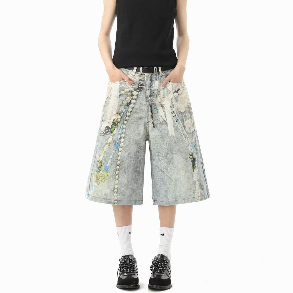 3D Print Denim Shorts Unisex Loose Wide Leg Straight Cut Capri Pants