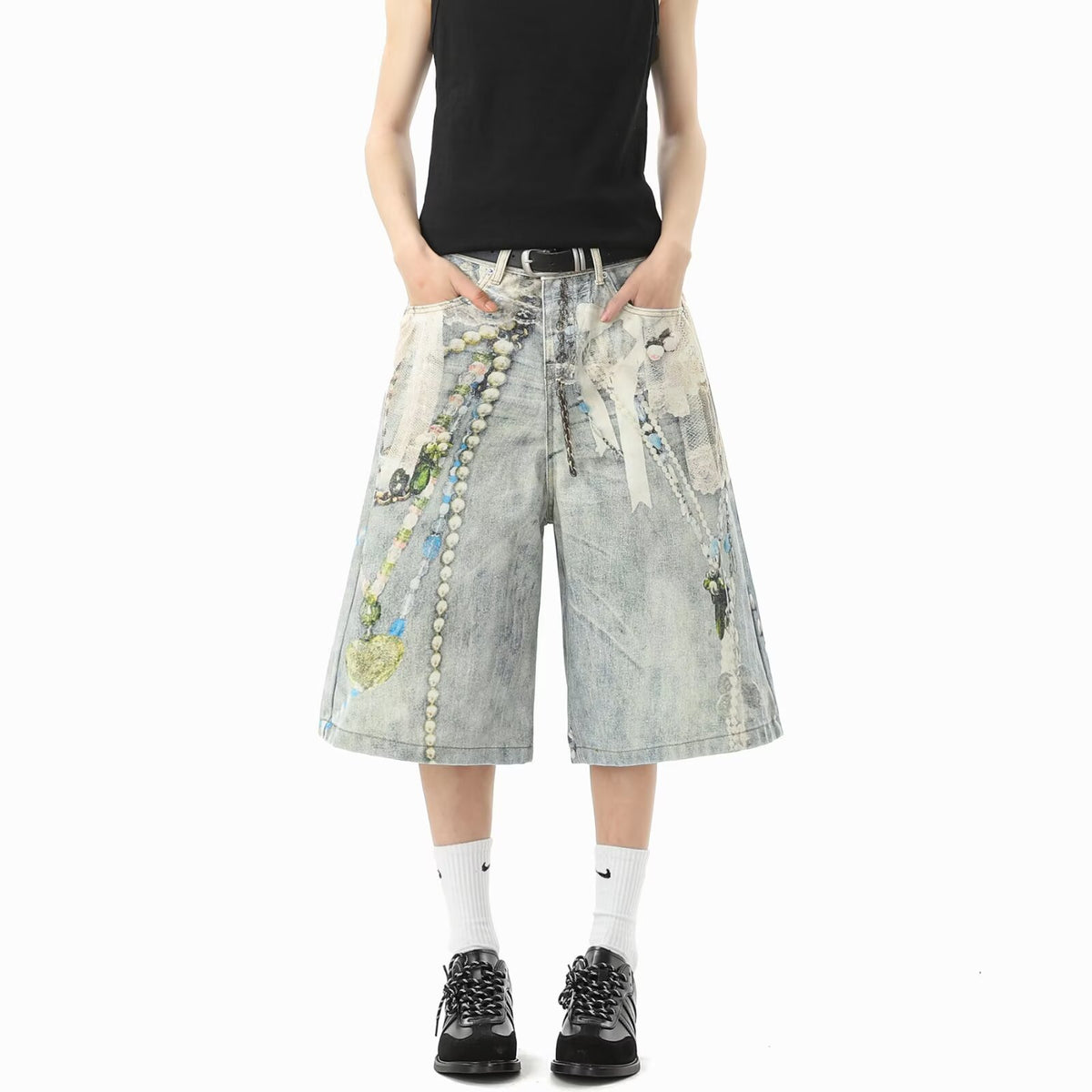 3D Print Denim Shorts Unisex Loose Wide Leg Straight Cut Capri Pants