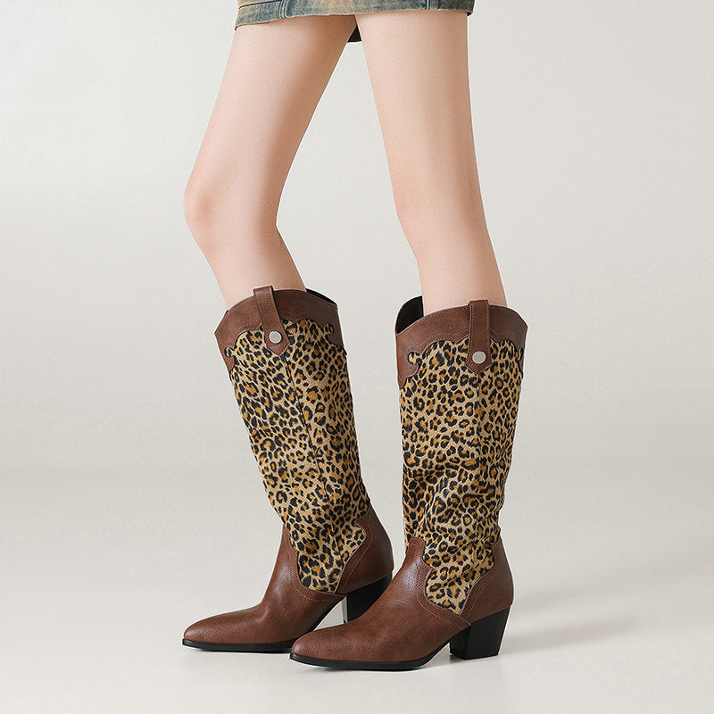 Retro Ethnic Style Patchwork Pointed Toe Western Boots  Chunky Heel High Shaft Western Cowboy Boots Made to order, ships in 7 days