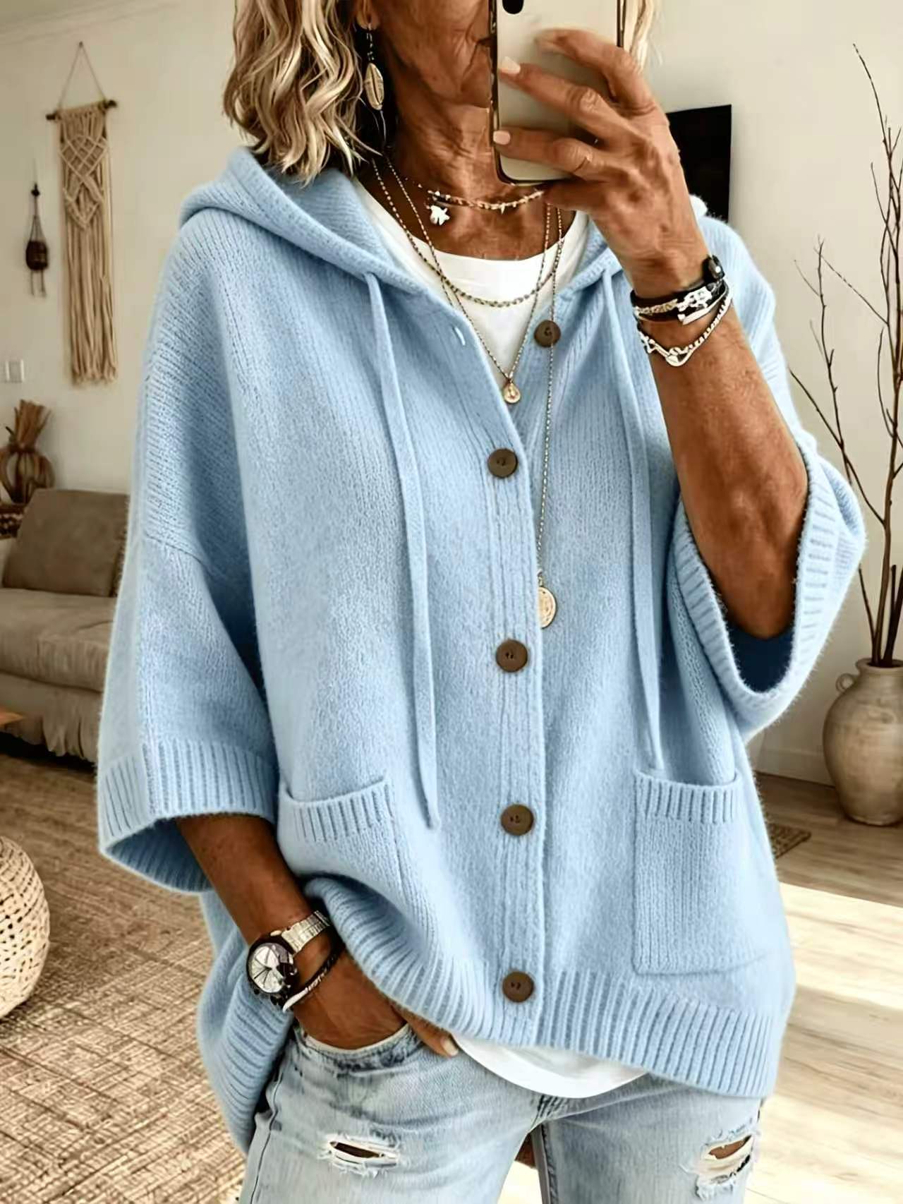 Hooded sweater cardigan solid color casual jacket for women