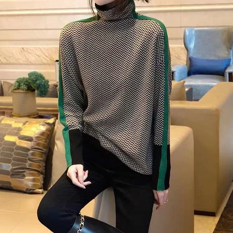 High neck patchwork striped lazy style sweater for women