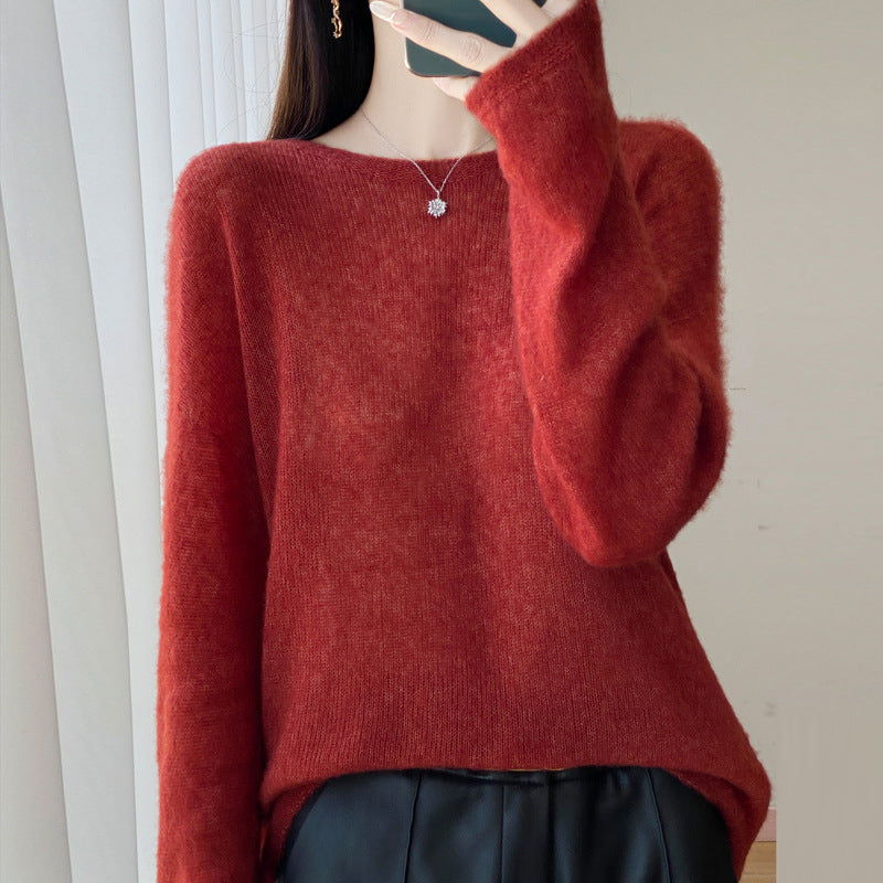 Round neck sweater top paired with knitted sweater for women