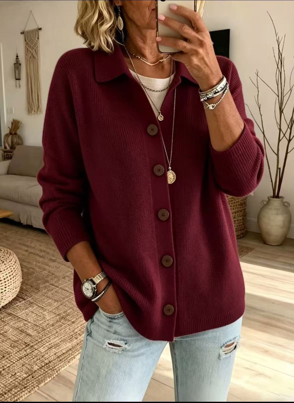 Button knit lapel sweater cardigan jacket