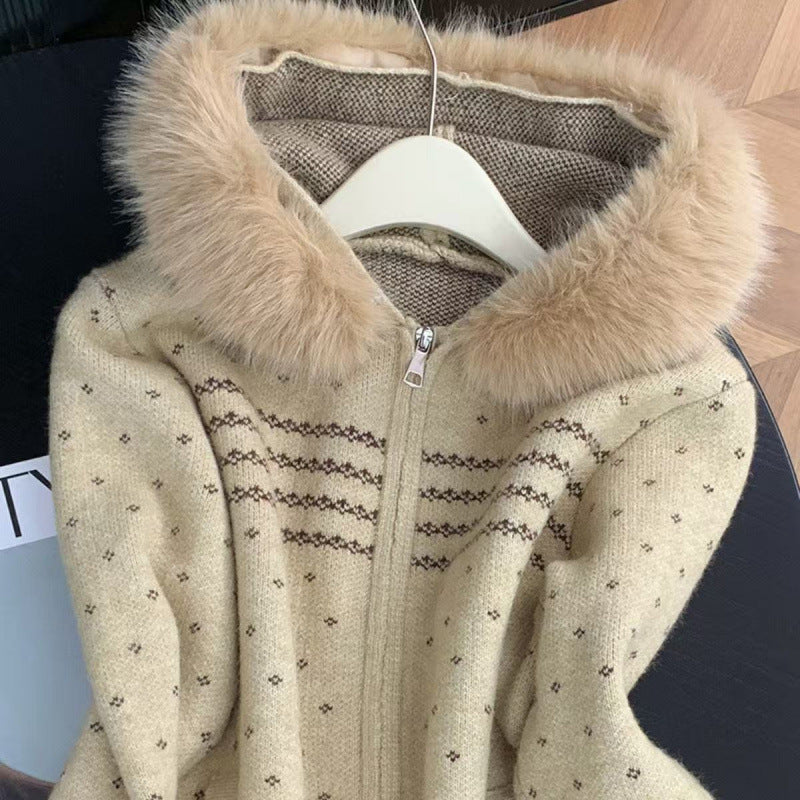 Hooded Fur-Collar Zip-Up Knit Cardigan for Women, Vintage Stylish Thick Short Knit Sweater Coat