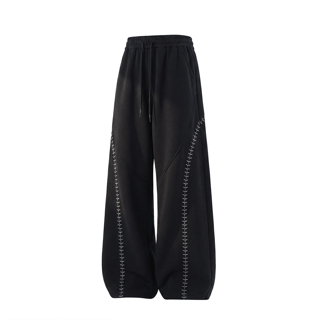Light Retro Knife-Style Casual Pants for Men, Autumn Loose Fit with Drape, Color-Blocking Embroidery Panel Track Pants