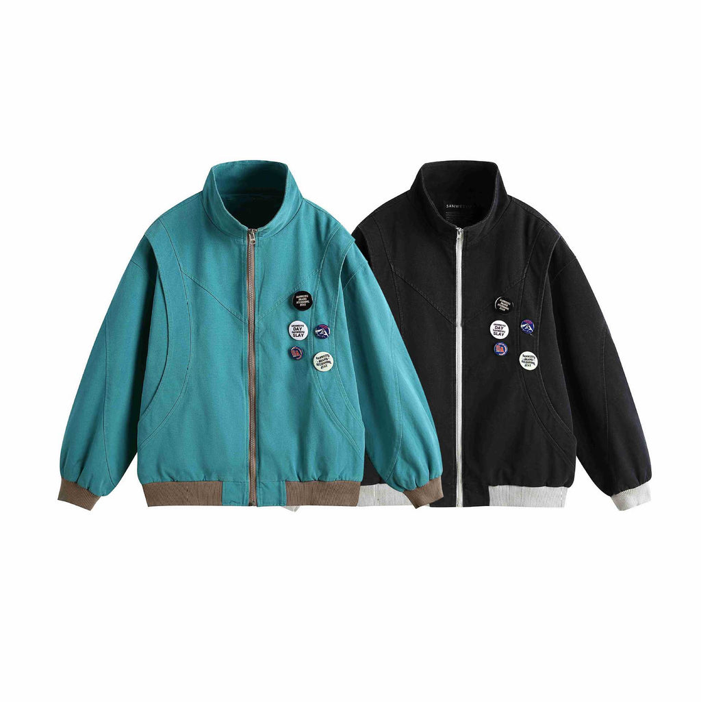 Badge Deconstructed Design Zip-Up Stand Collar Jacket for Men