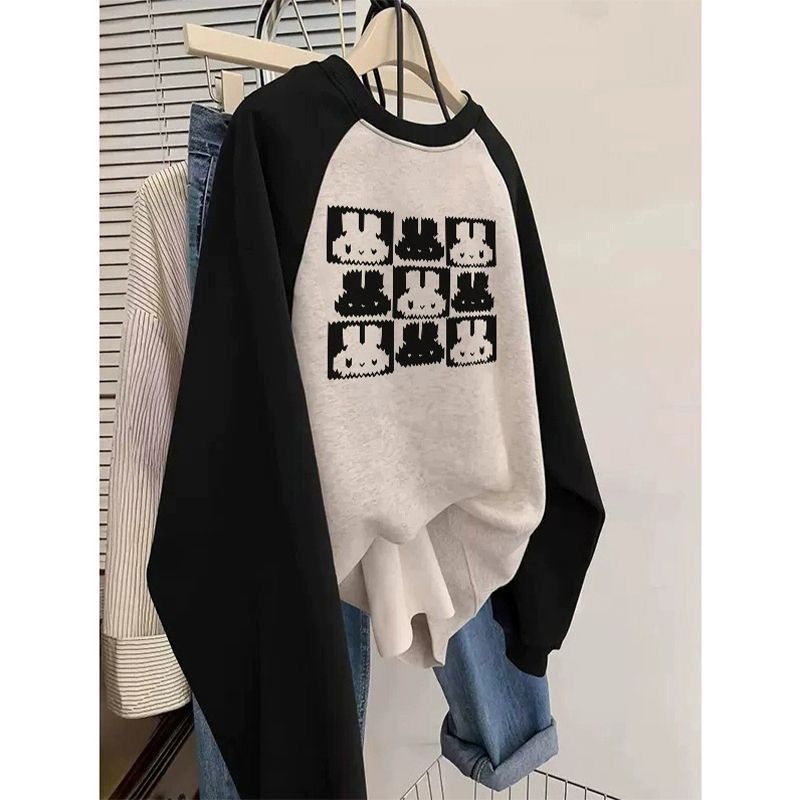 Vintage Raglan Sleeve Lightweight Crewneck Hoodie for Women, Cartoon Print, Loose Fit Long Sleeve Top