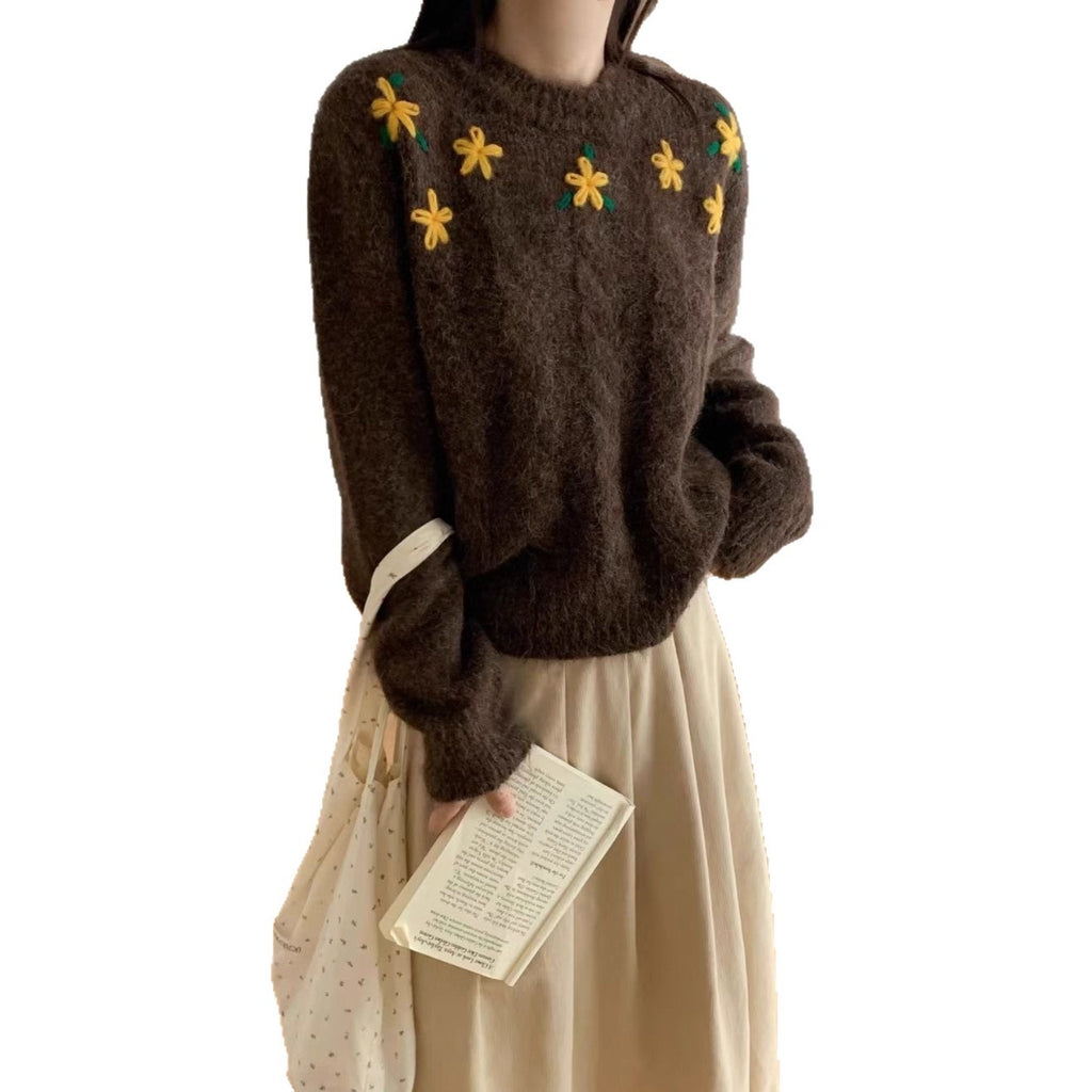 Embroidered crochet round neck pullover sweater for women