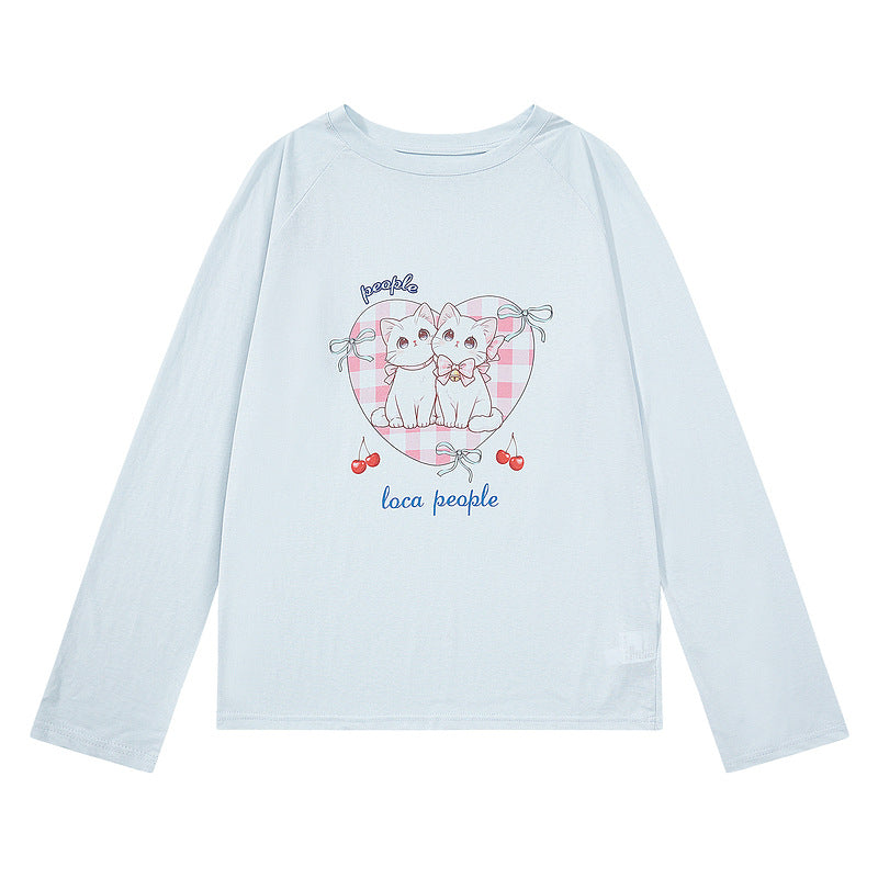 Light blue raglan butterfly bow cherry women's T-shirt