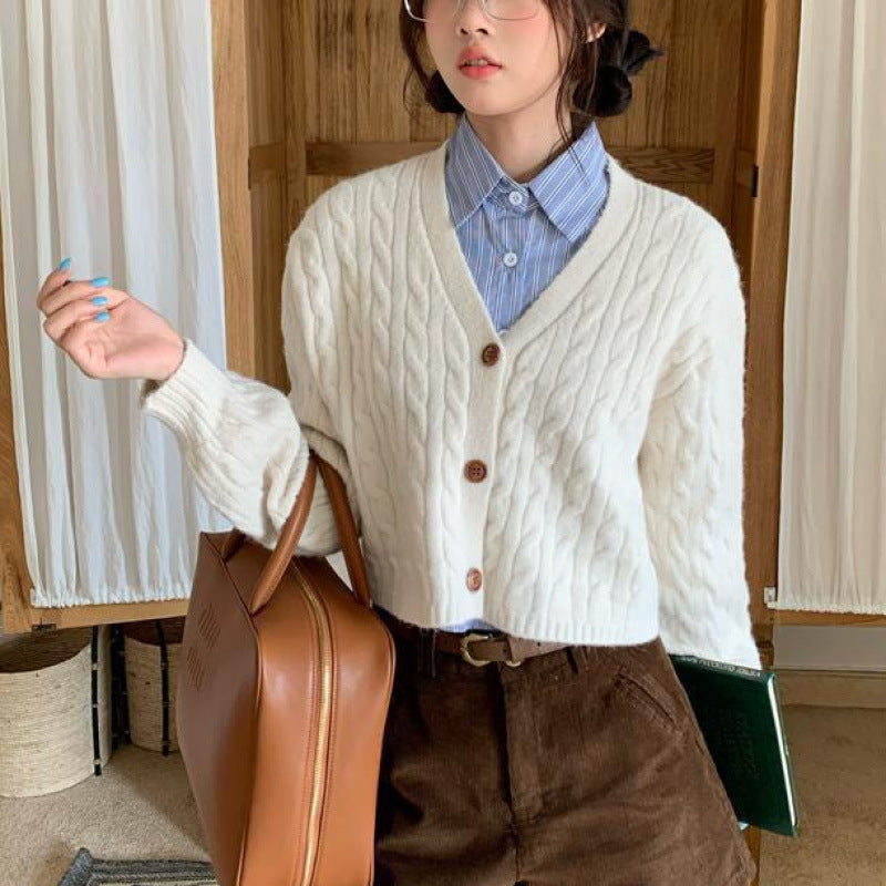 Short Knit Cardigan for Women, V-Neck Slim Fit Long Sleeve Sweater Top