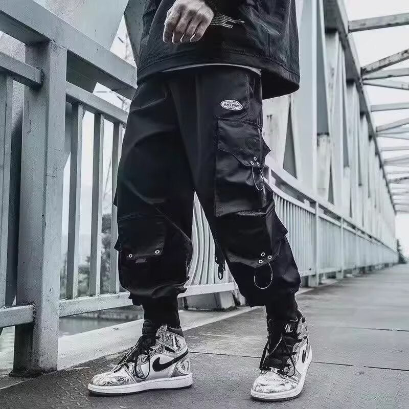 Urban Tactical Functional Style Dark Black Cool Streetwear Loose Cuffed Pants Men's Spring Autumn Fashion Long Trousers