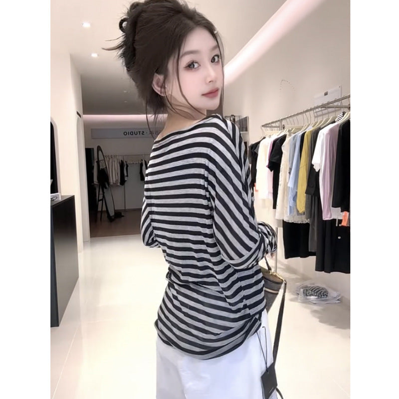 Women's Striped Off-Shoulder Long Sleeve Top - Loose Fit Premium Casual Tee for Early Autumn