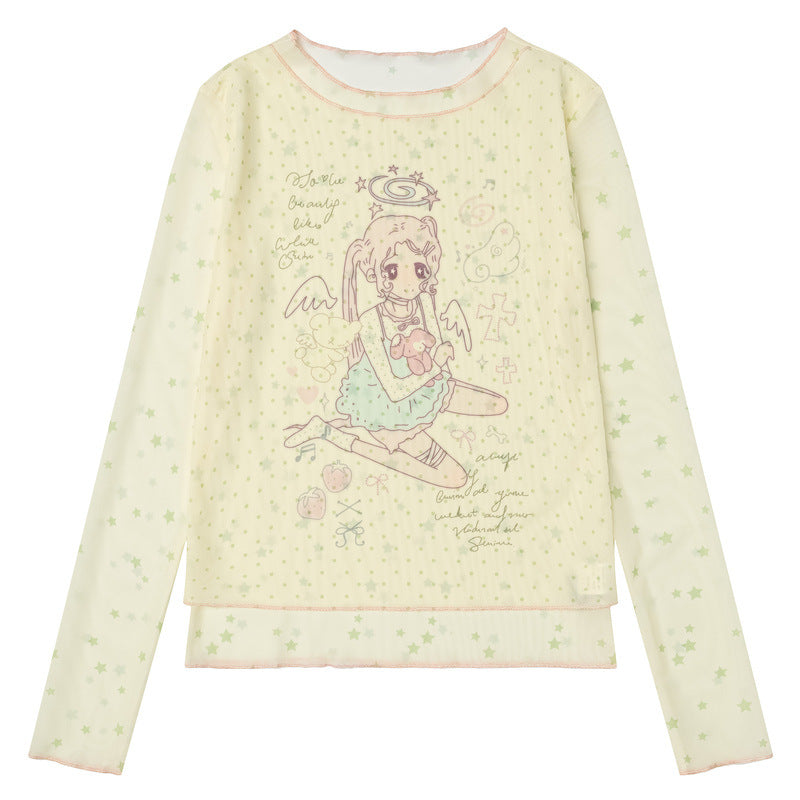 Mesh long sleeved T-shirt with light yellow background printed with small stars