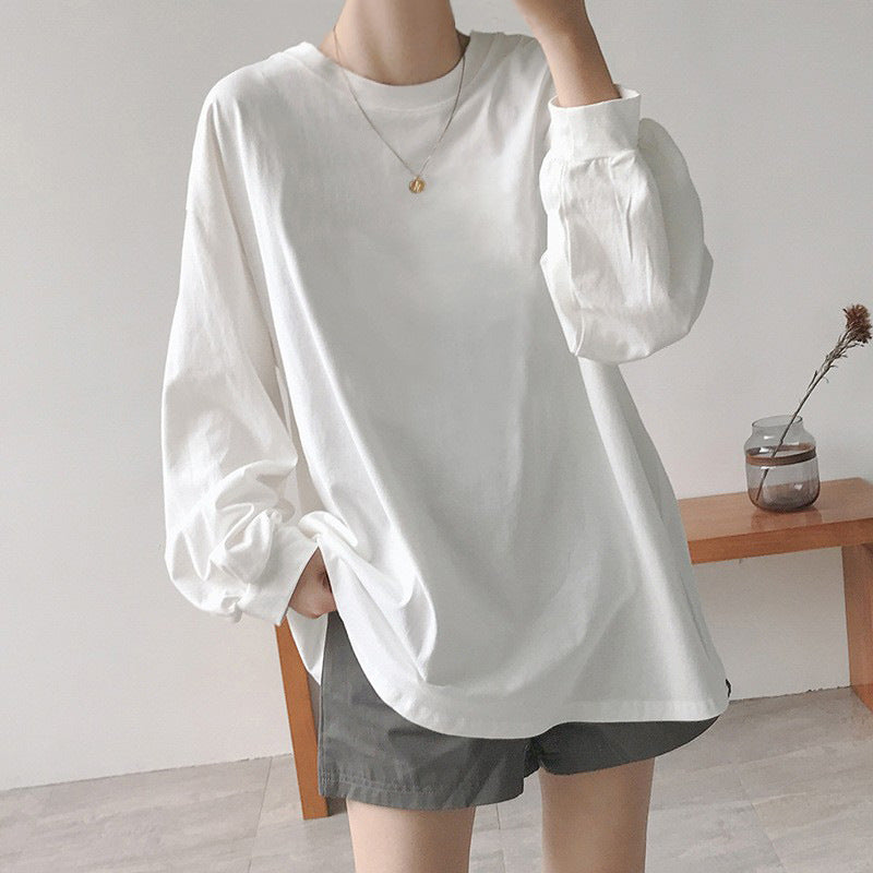 Preppy Style Long Sleeve Crew Neck T-Shirt Women's Oversized Heavyweight Cotton Tee