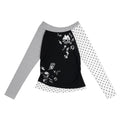 Cartoon kitten note splicing contrasting long sleeved T-shirt for women