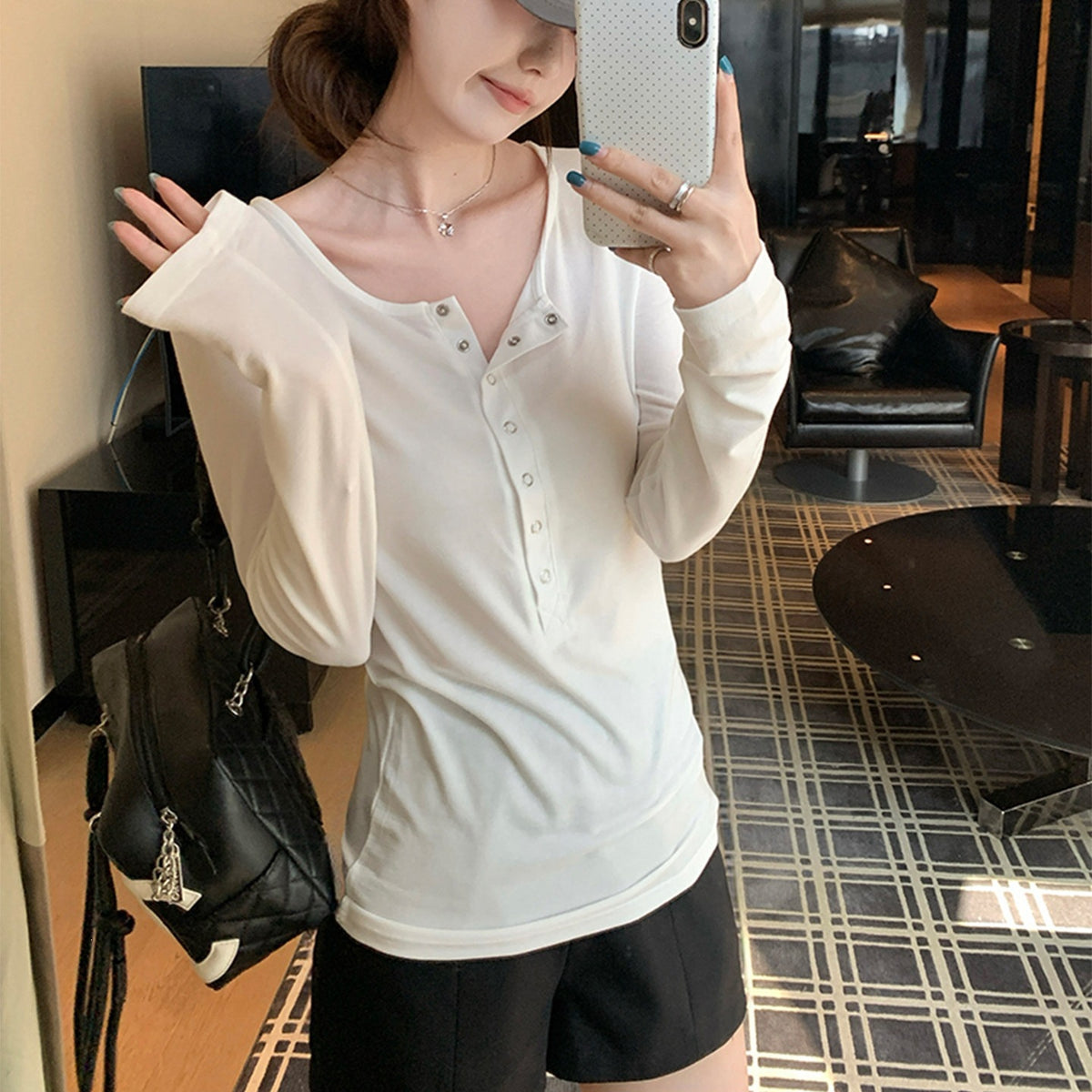 Long Sleeve Half-Open Collar T-Shirt Women Slim Fit Base Layer Top